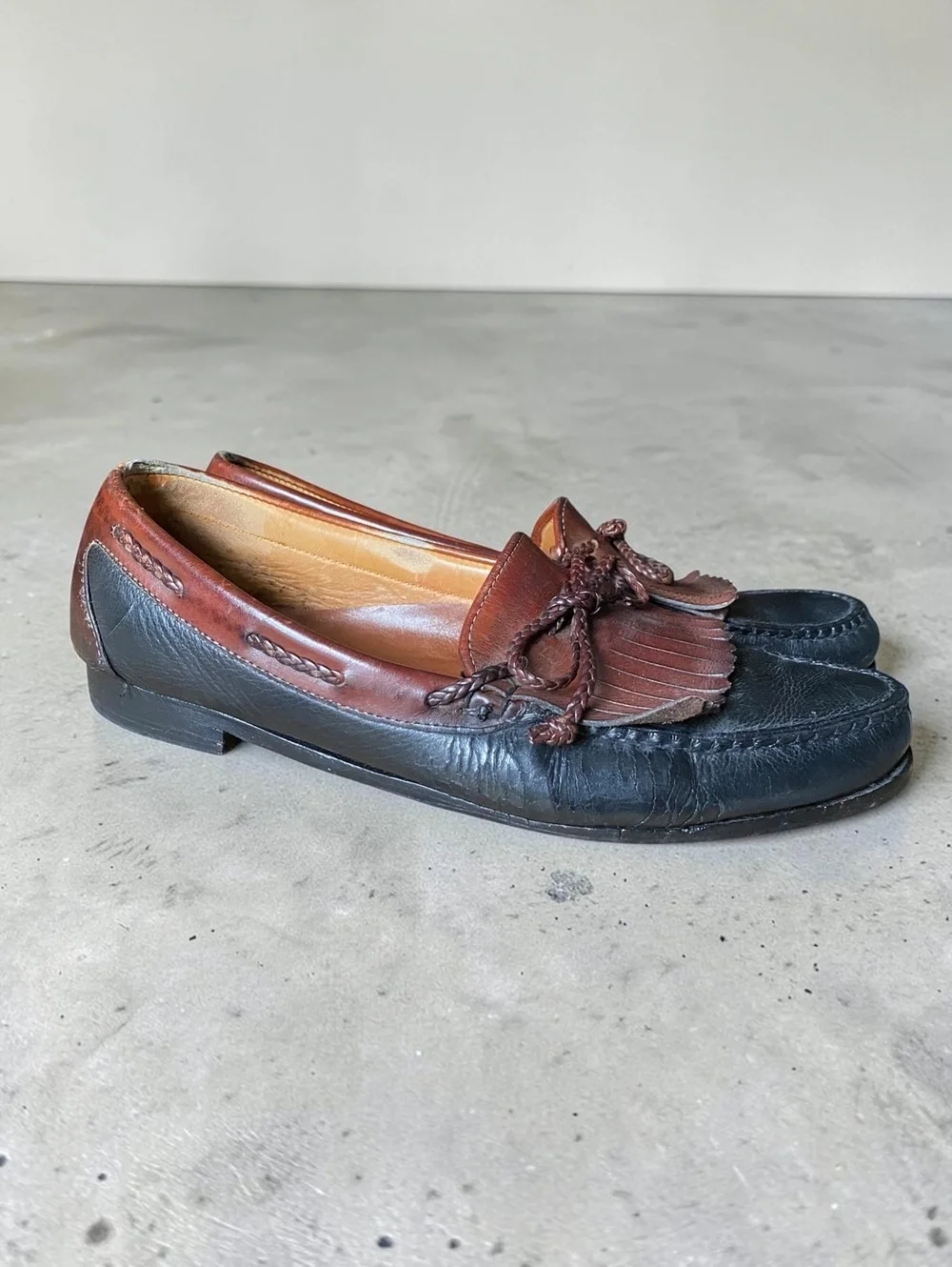 Vintage Mens Loafers Size 13 Kiltie Fringe Black Brown Leather 90s Dress Shoes